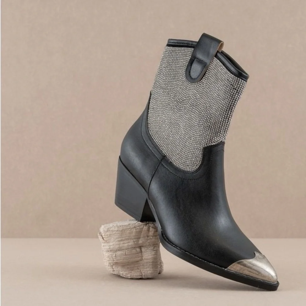 Rhinestone Studded Western Booties with Metal Toe - Oasis Society - Picture 3 of 7